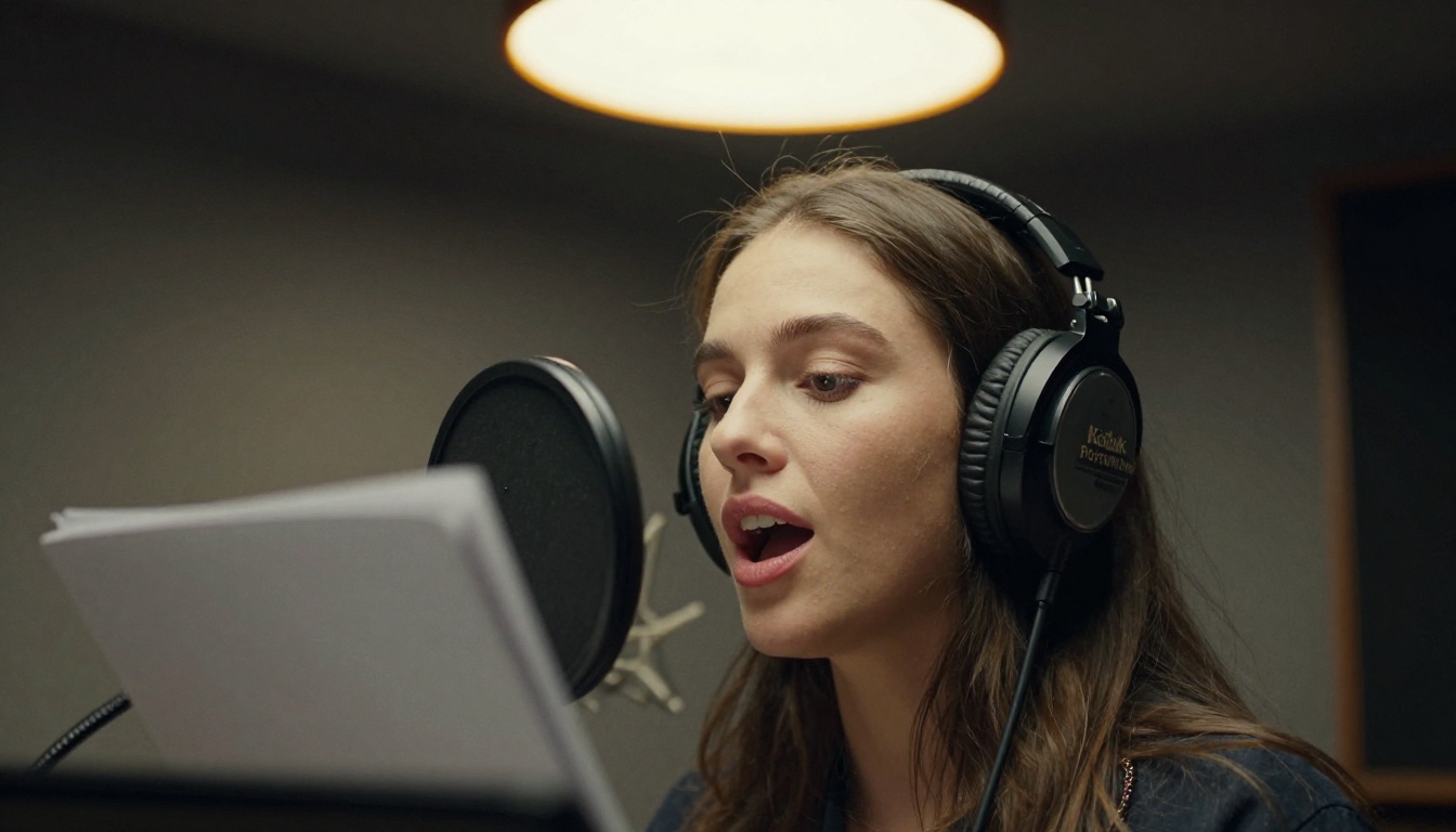 Voice actress in profile speaking into a pop filter inside a padded vocal booth Voice actress in profile speaking into a pop filter inside a padded vocal booth