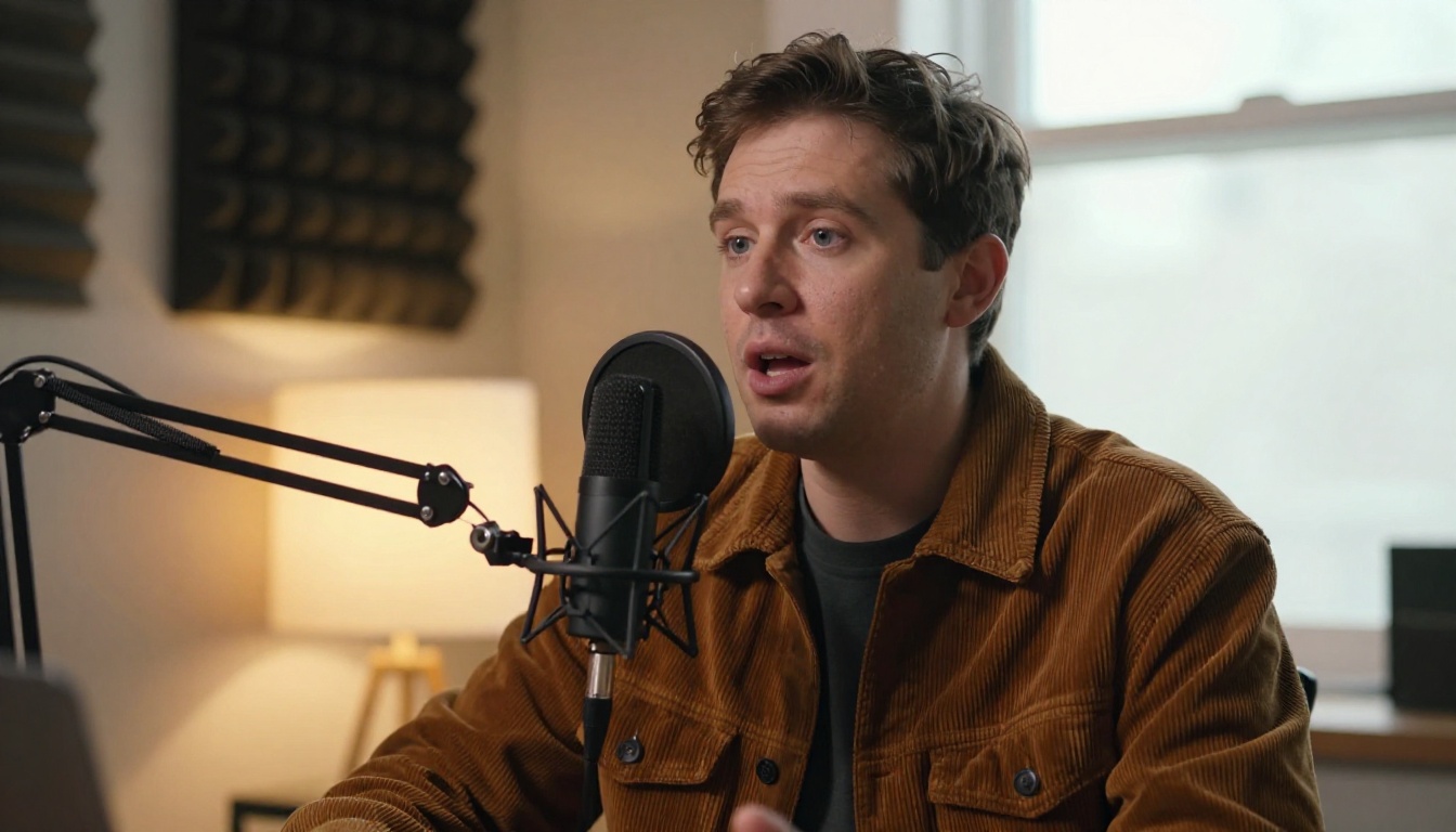Low-angle view of a podcast host in a corduroy jacket speaking into a broadcast microphone in a warmly lit studio