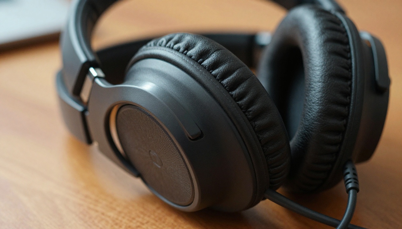 Extreme close-up of studio headphones with leather ear pads resting on a wooden table in morning light