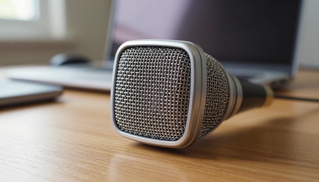 A close-up of a silver studio microphone grille on a wooden desk