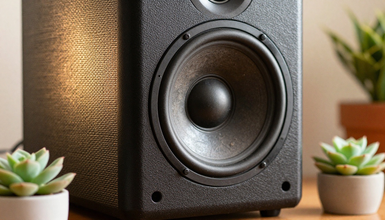 Studio monitor speaker with a woven fabric grille next to a small succulent Studio monitor speaker with a woven fabric grille next to a small succulent