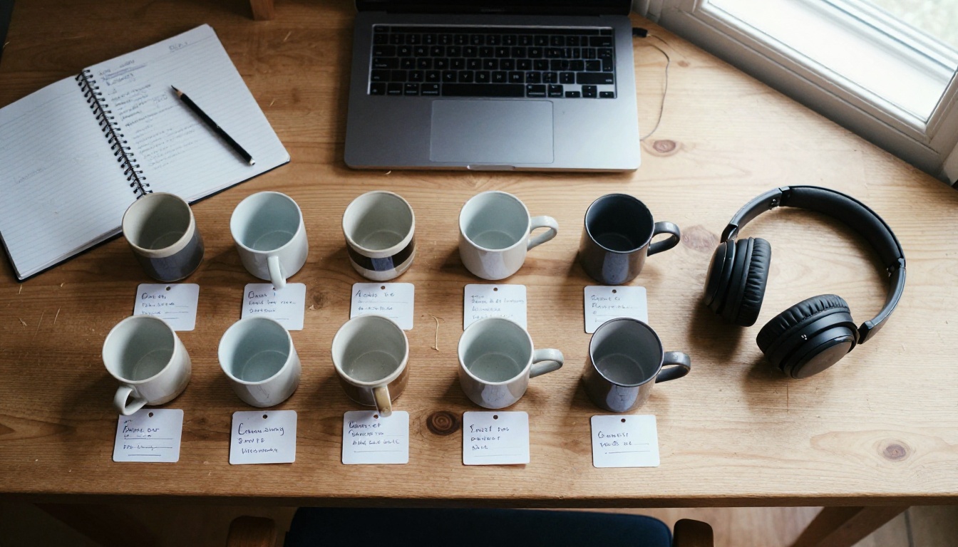 An overhead view of a desk with thirteen small mugs, headphones and a notebook