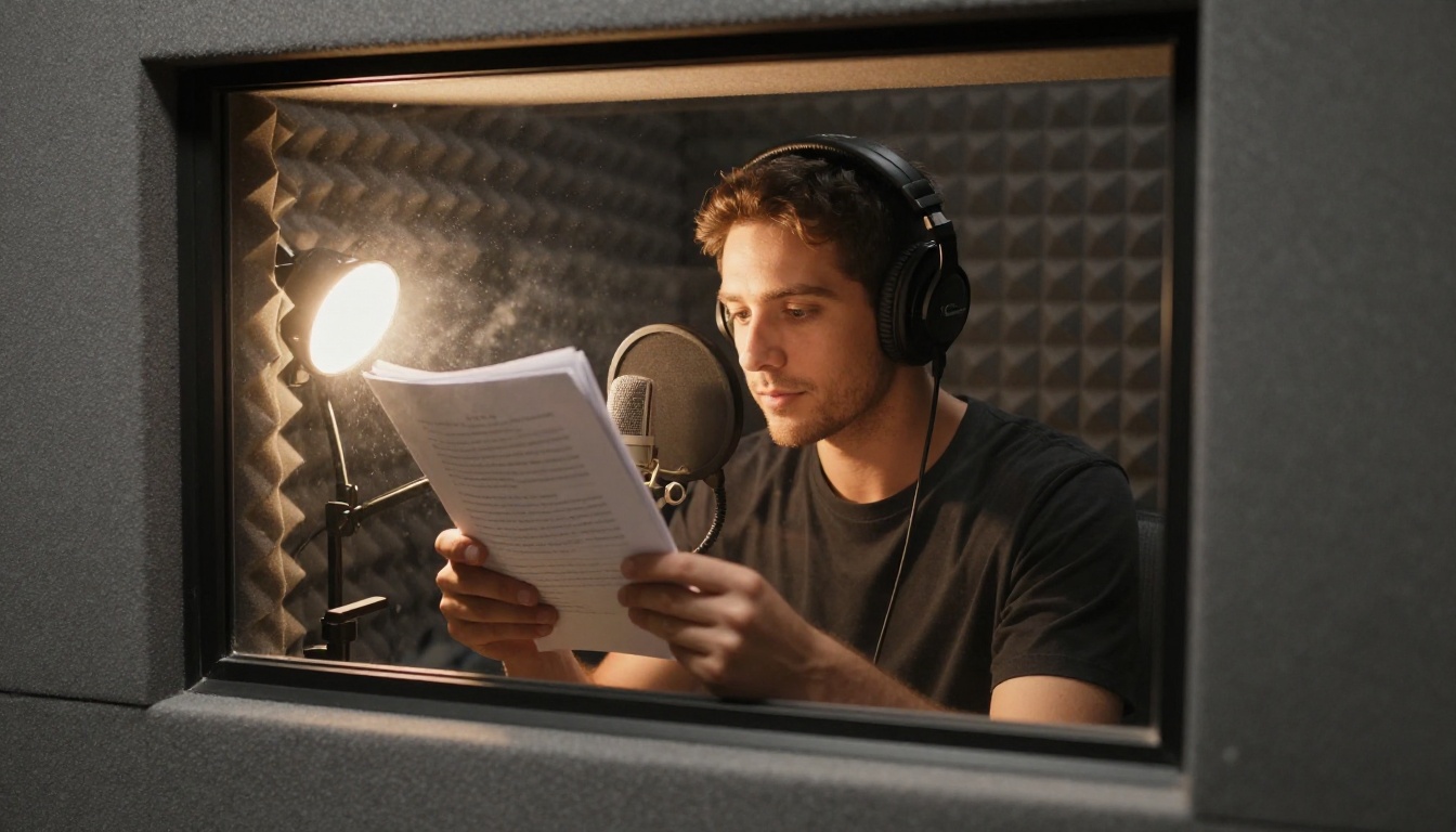 Audiobook narrator reading a thick manuscript inside a foam-lined vocal booth, seen through the control room glass