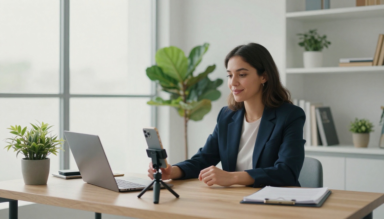 Small business owner recording a product narration at a bright office desk Small business owner recording a product narration at a bright office desk