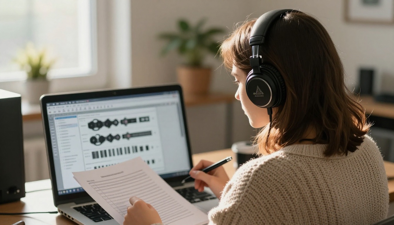 A woman wearing headphones compares audio files on a laptop with a printed script beside her