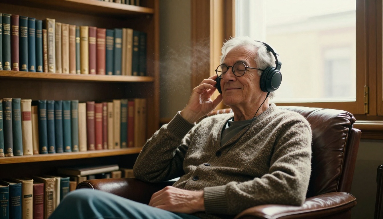 Elderly man with silver hair listening to an audiobook with headphones in a library Elderly man with silver hair listening to an audiobook with headphones in a library