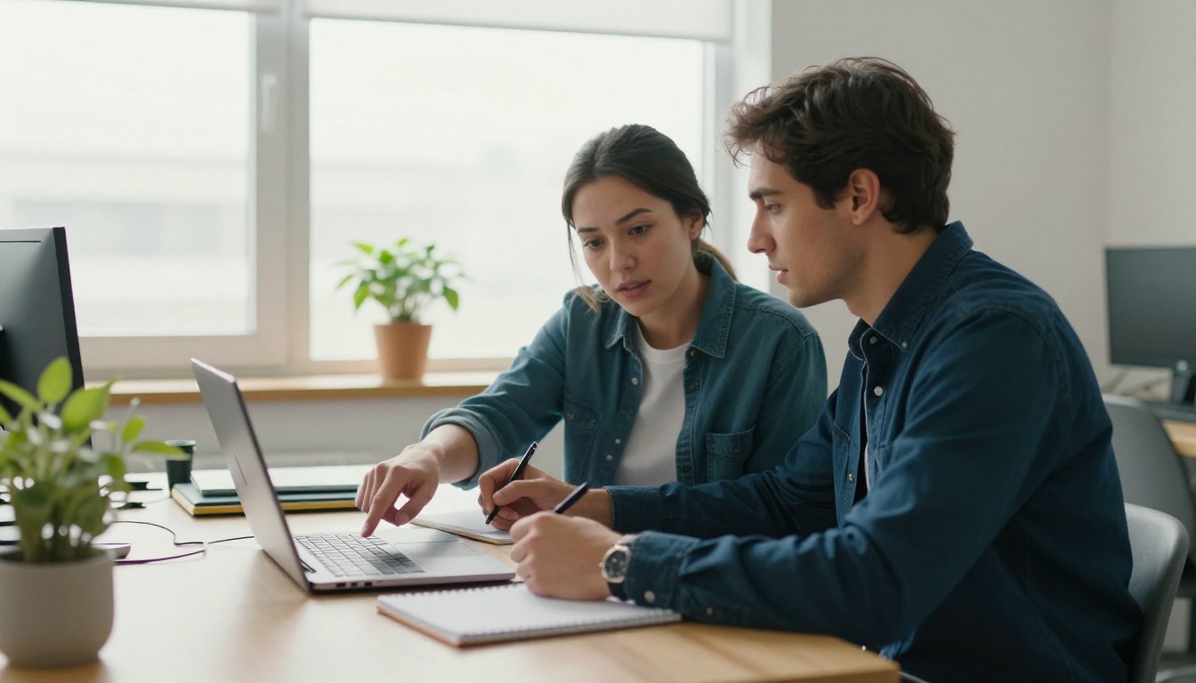 Two colleagues comparing text-to-speech options at a shared desk, one pointing at a laptop while the other takes notes