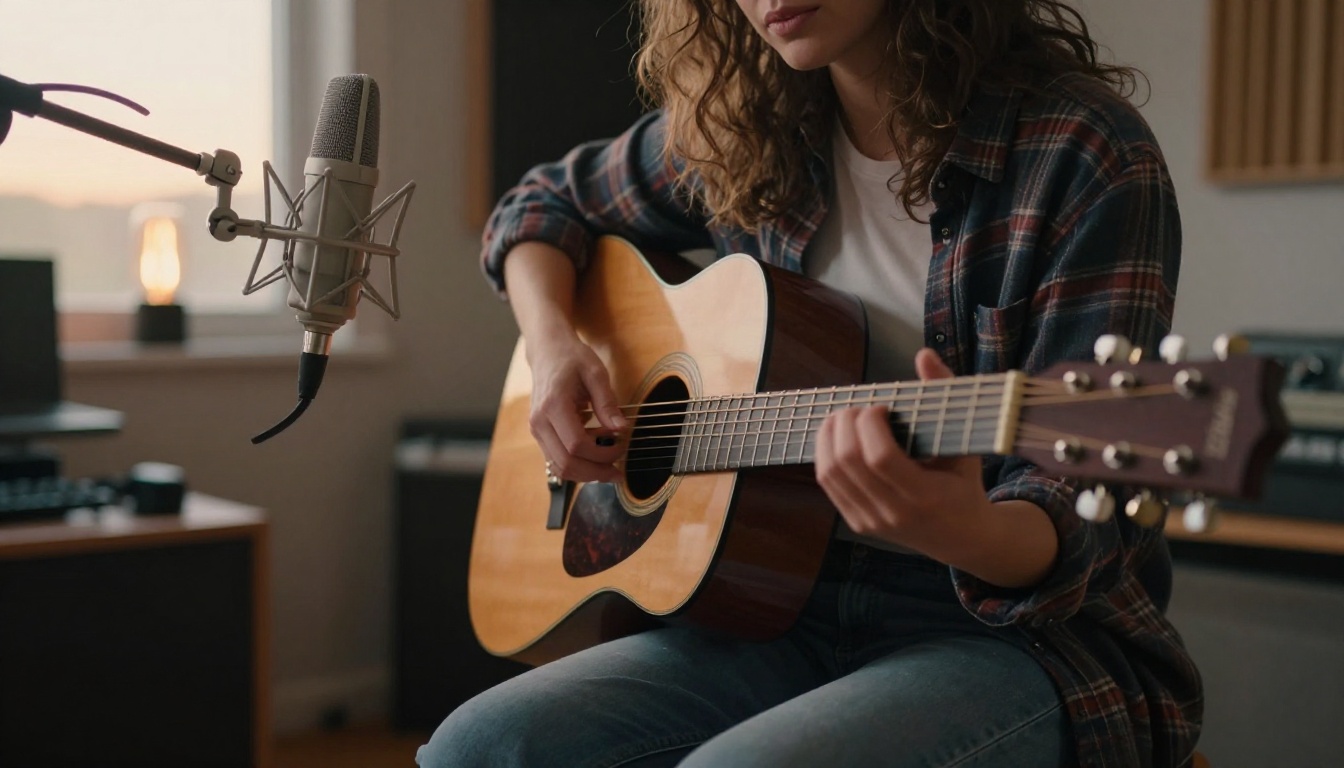 Woman musician strumming an acoustic guitar beside a condenser microphone in a home studio Woman musician strumming an acoustic guitar beside a condenser microphone in a home studio