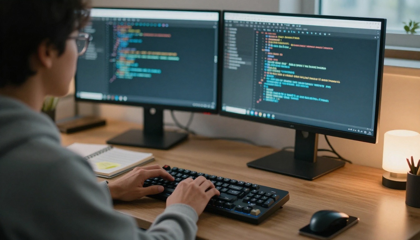 Software developer at a standing desk with two monitors showing blurred code editors, wiring a text-to-speech API into an app