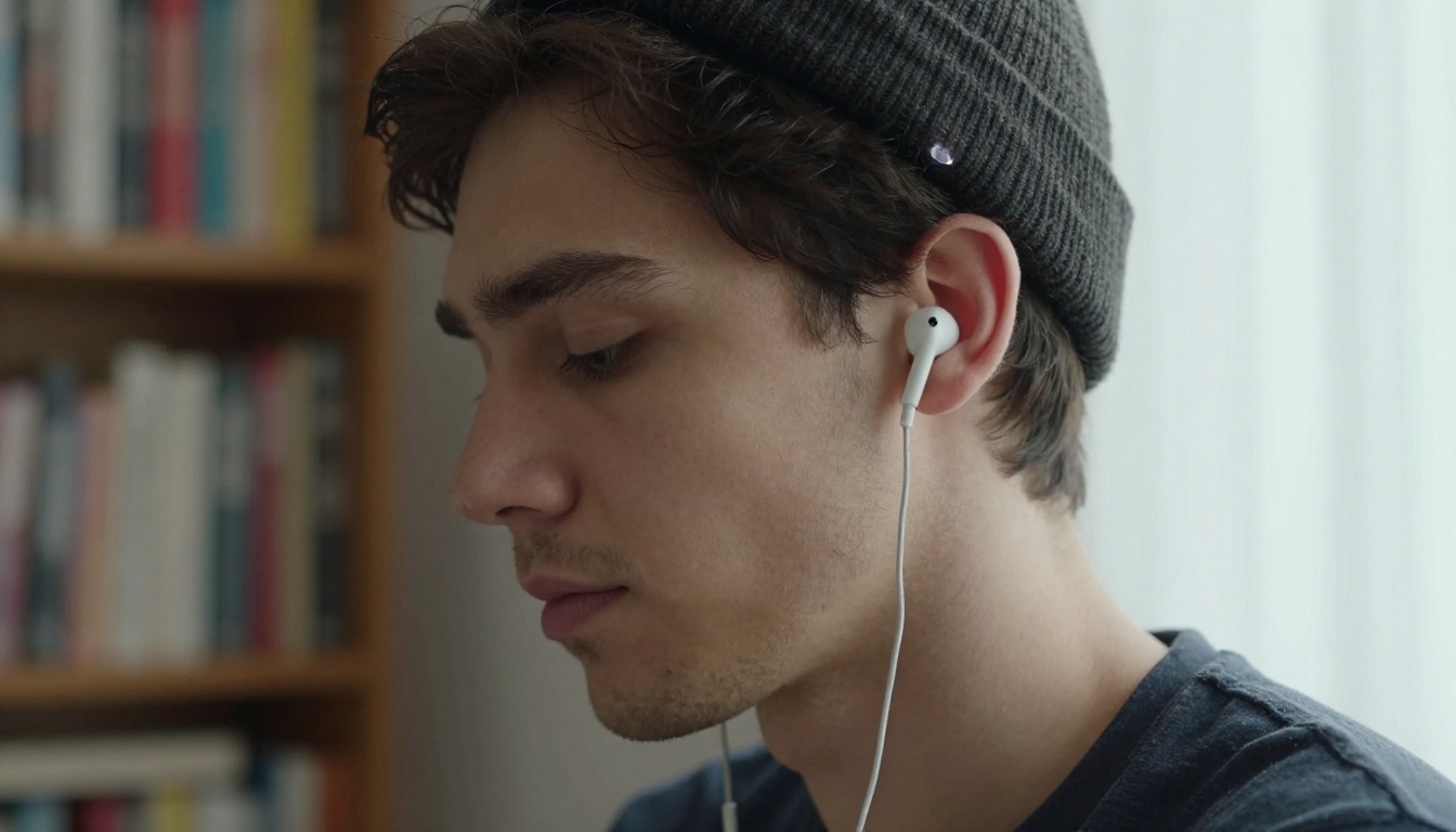 Young man in a knit beanie listening to an AI voice sample through a single earbud beside a window