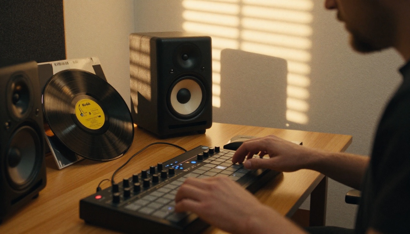 Musician at a wooden desk with a pad controller and studio monitor in warm sunset light, composing a track