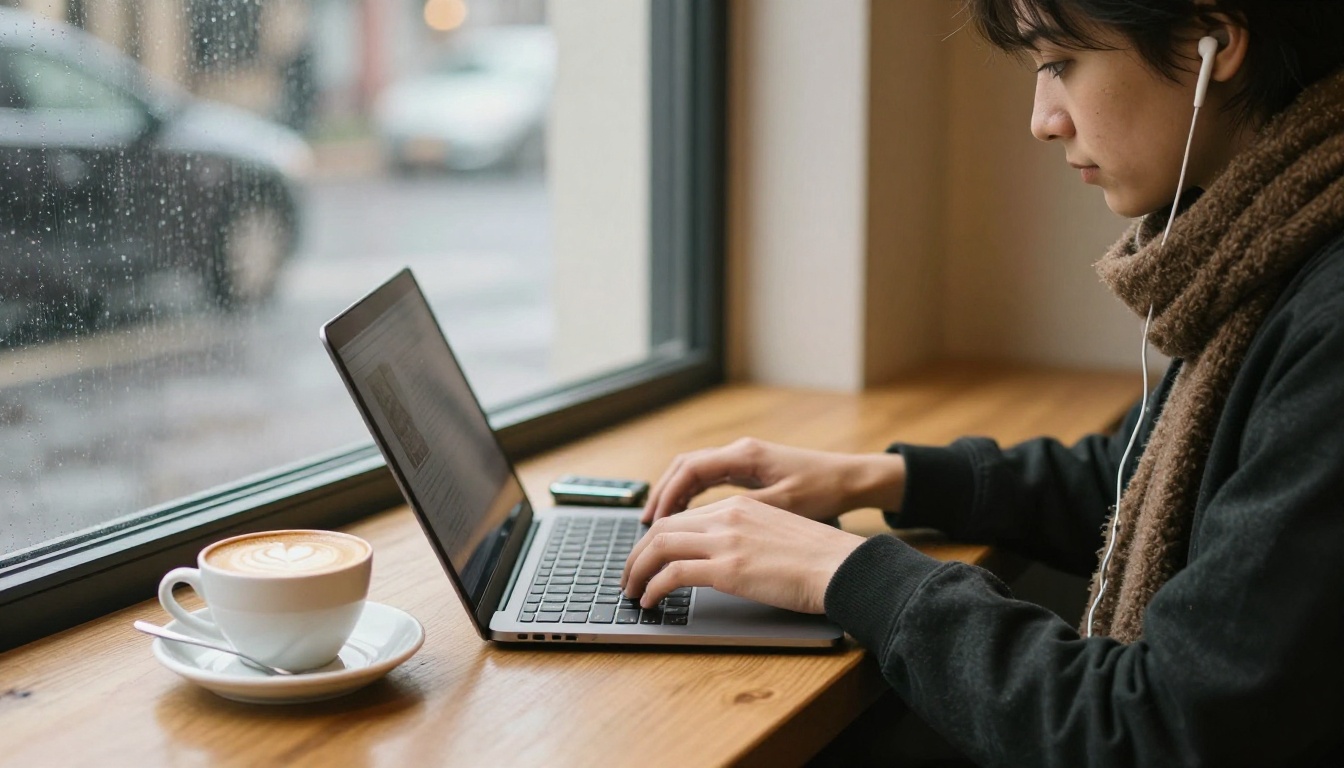 Journalist in a cafe typing on a laptop beside a small voice recorder and a cappuccino, turning an interview into text