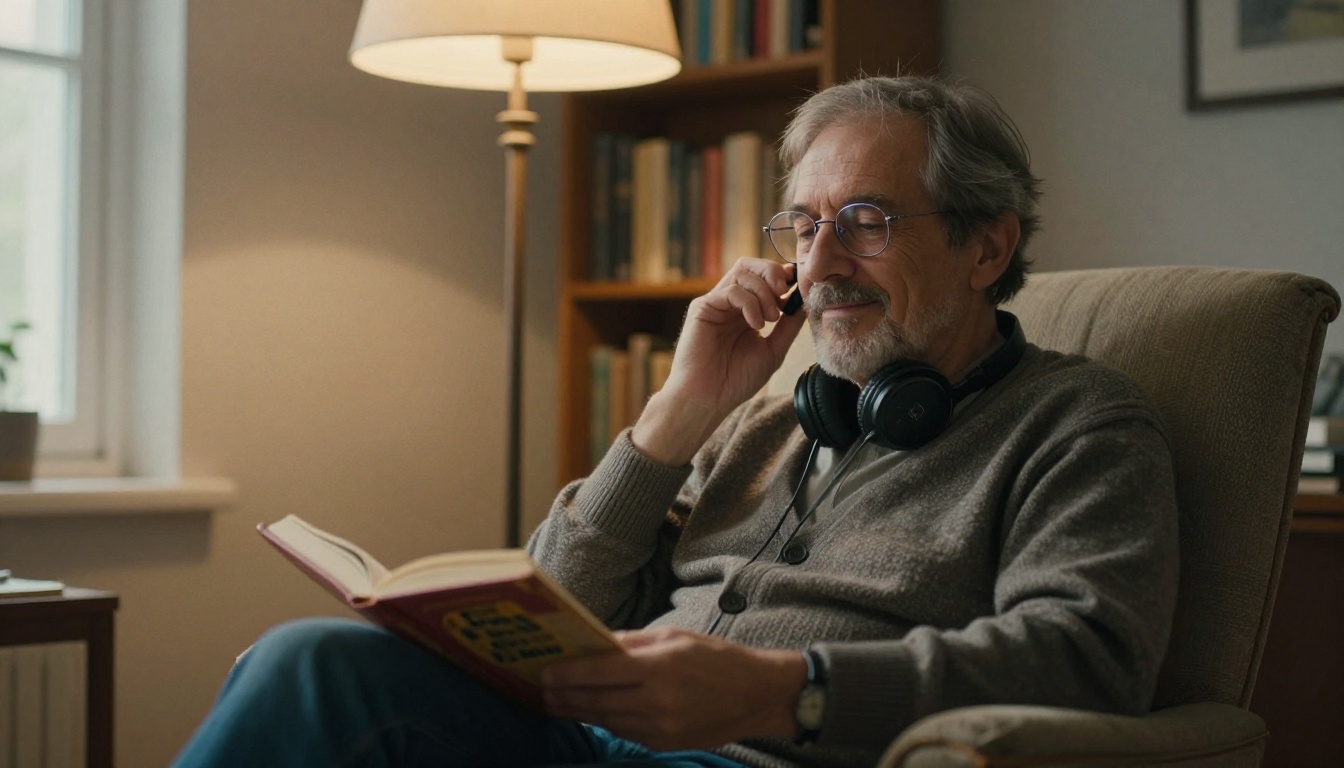 An older man listens to an audiobook in an armchair beside a lamp