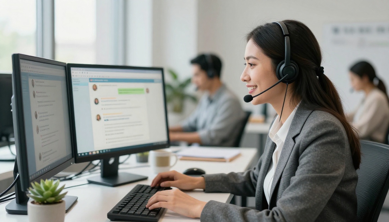 A support agent with a headset speaks toward a dual monitor setup in a bright office