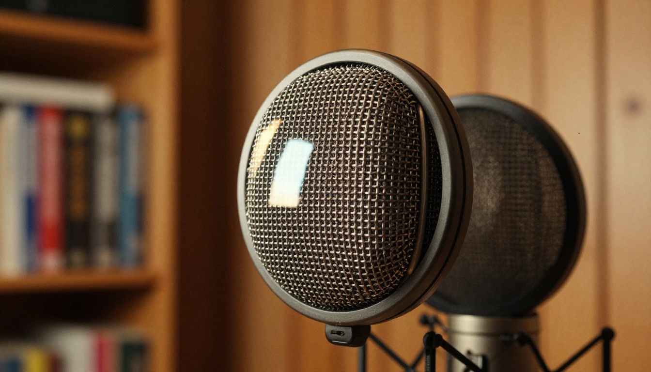 Low-angle close-up of a condenser microphone with a pop filter in a wood-panelled studio