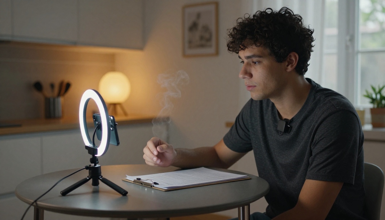 A young man records a vertical video in a kitchen with a phone on a tripod