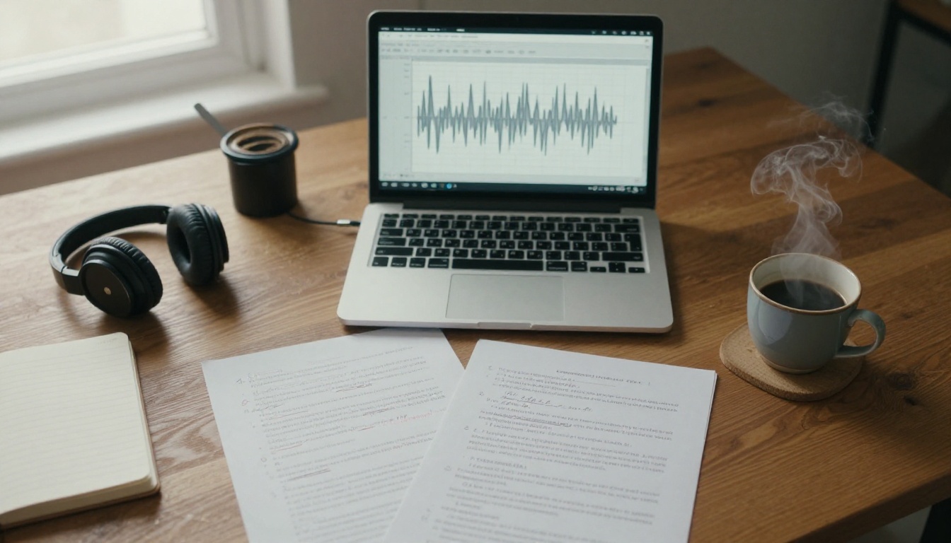 A desk with a laptop, printed script, headphones and coffee seen from above