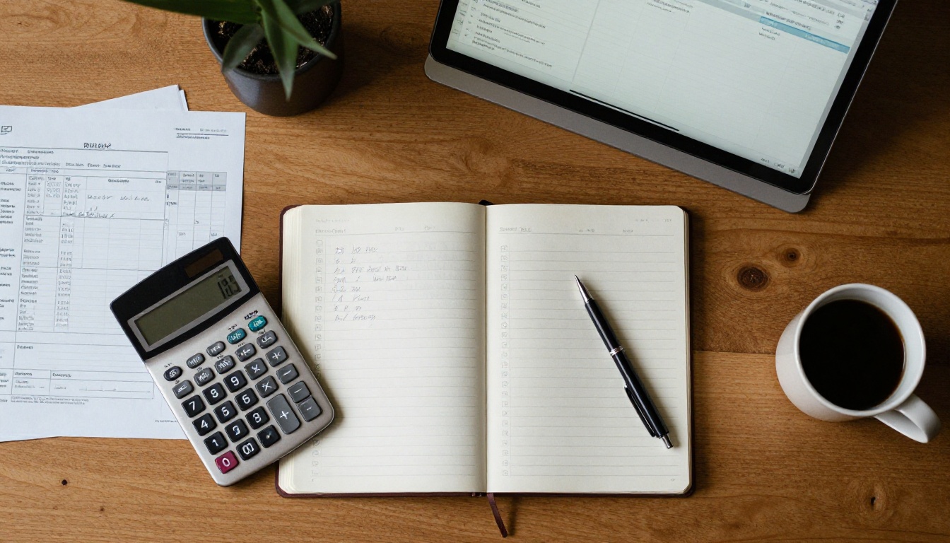 An overhead view of a ledger, calculator and invoices on a wooden desk