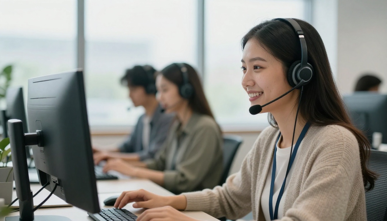 A smiling customer support agent wearing a headset at a bright open office