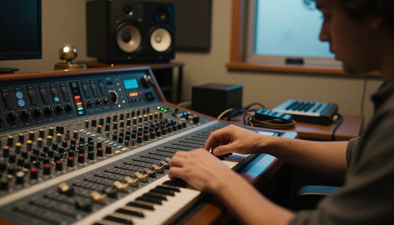 A music producer adjusts a fader on a large mixing console in a dim home studio