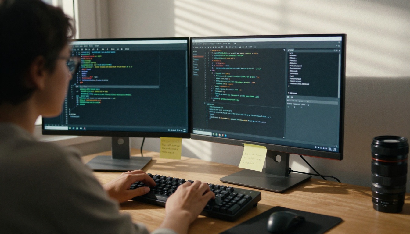 A software developer typing at a dual-monitor desk with blurred code on the screens