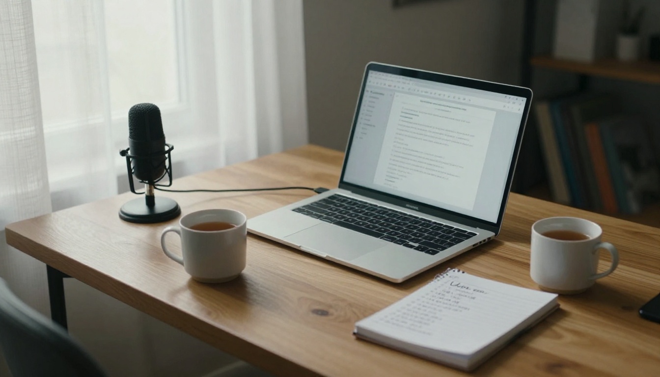 A laptop, a small condenser microphone and a notebook with a handwritten voice list on a bright desk