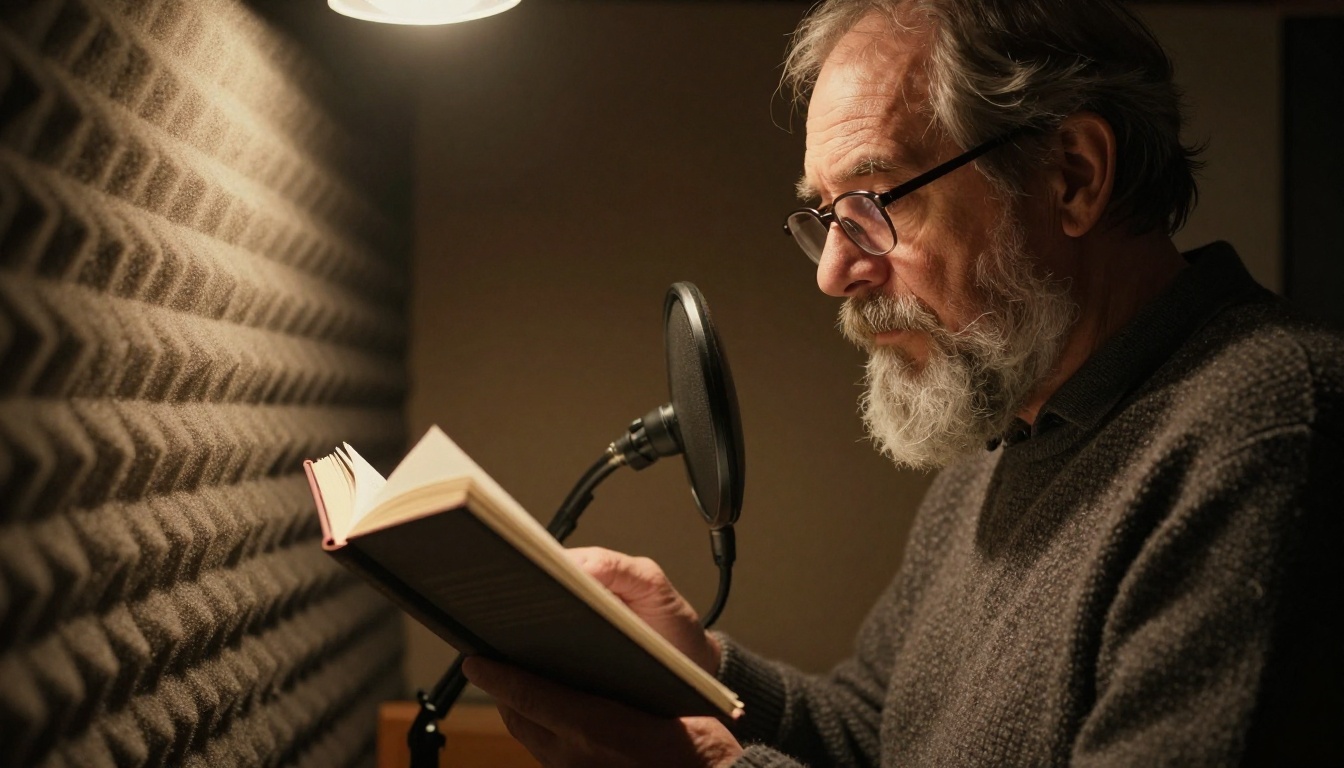 An older male narrator reading a printed book into a microphone in a small vocal booth