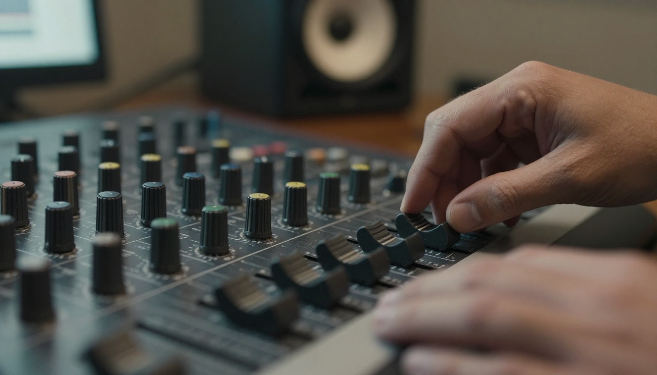 Two hands adjusting faders on an analog mixing console