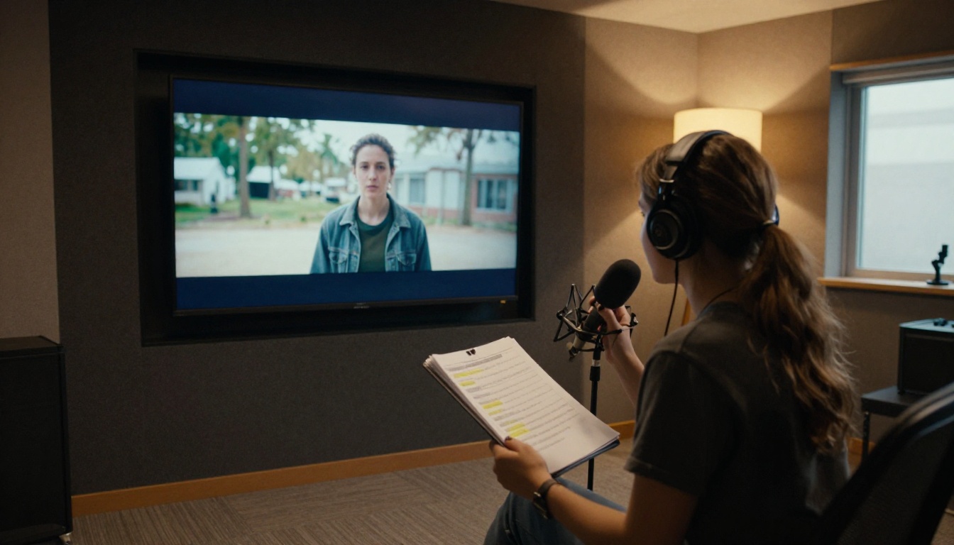 A young woman speaking into a microphone while watching a film scene in a dubbing studio