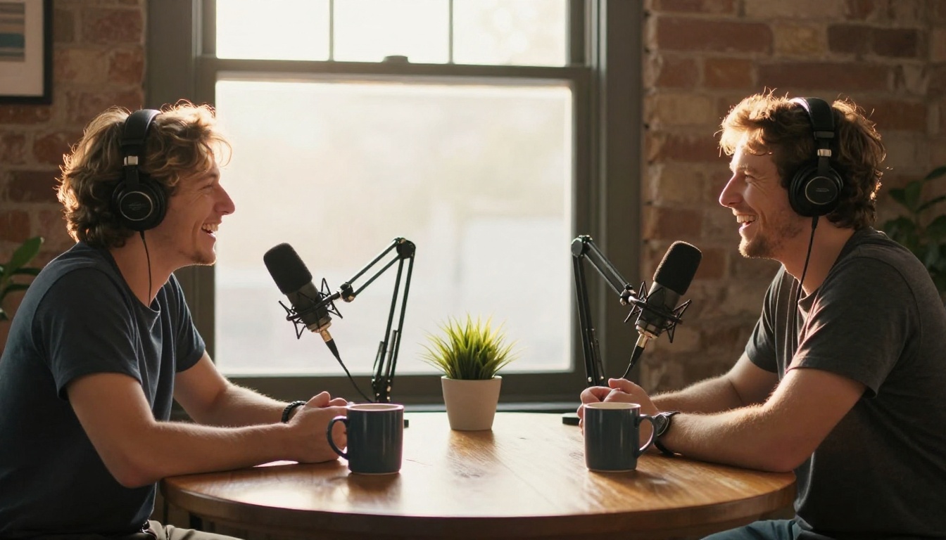 Two friends laughing while recording a podcast across a round wooden table