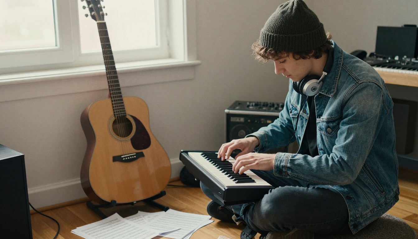 A musician beside an acoustic guitar adjusting a synth in a small home studio
