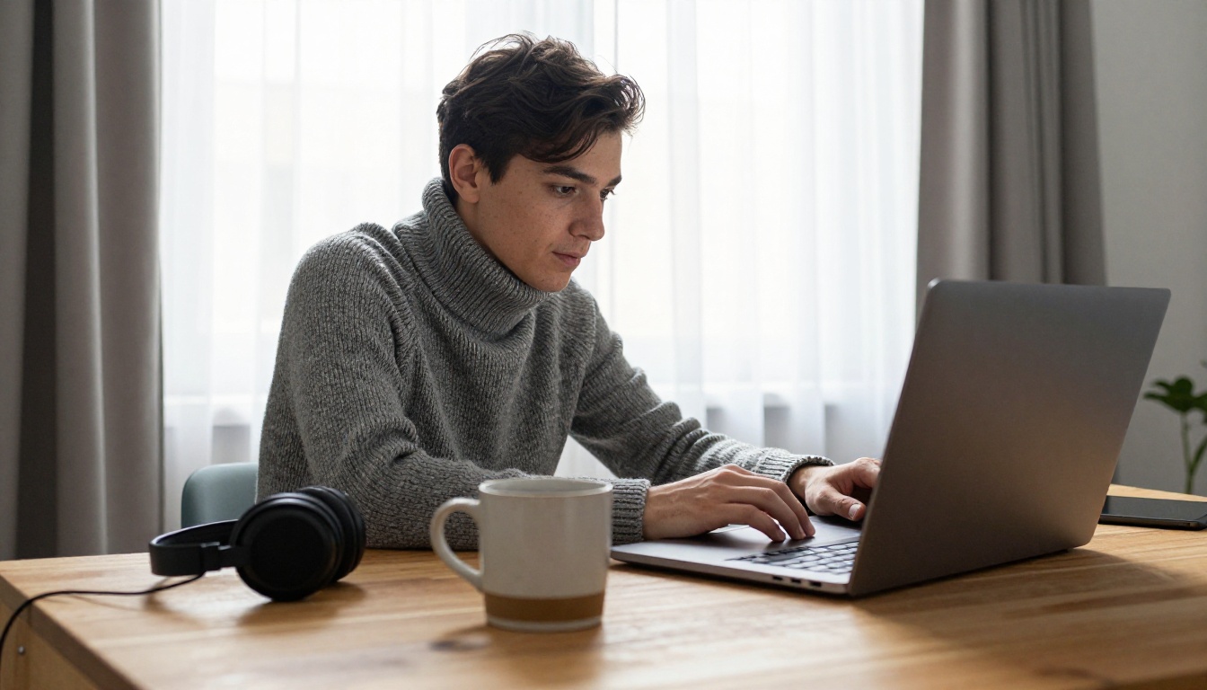 A freelance developer working on a laptop beside headphones and a mug in soft morning window light