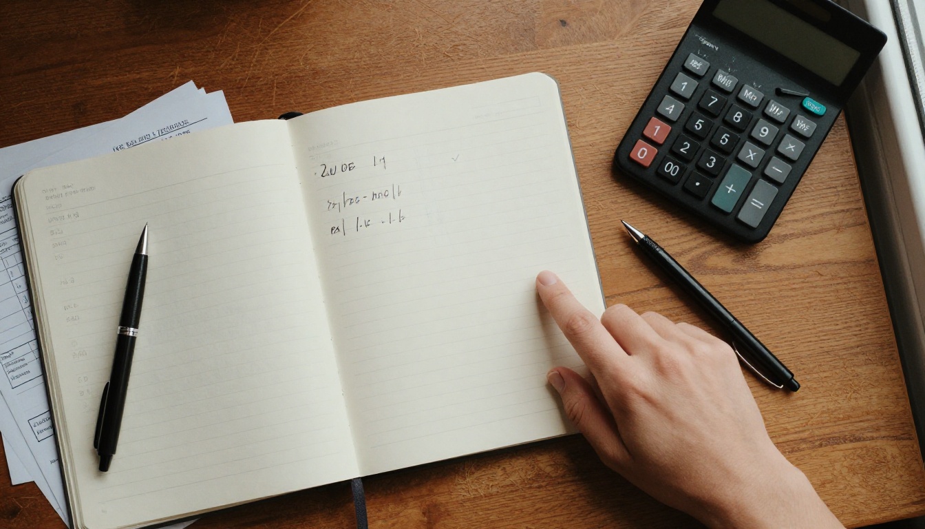 Overhead view of a desk with a calculator, printed invoices and handwritten sums used to estimate speech costs