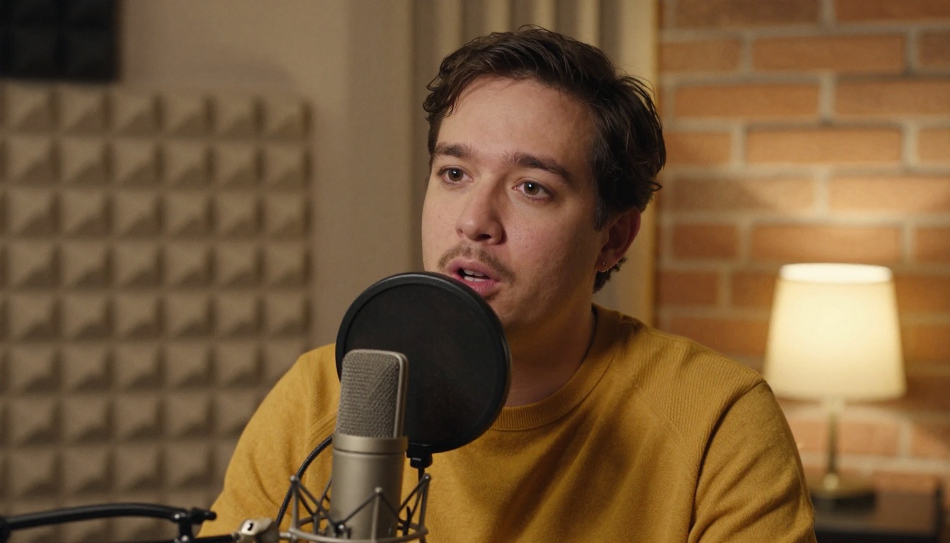 A podcast host speaking into a condenser microphone with a pop filter in a warm studio