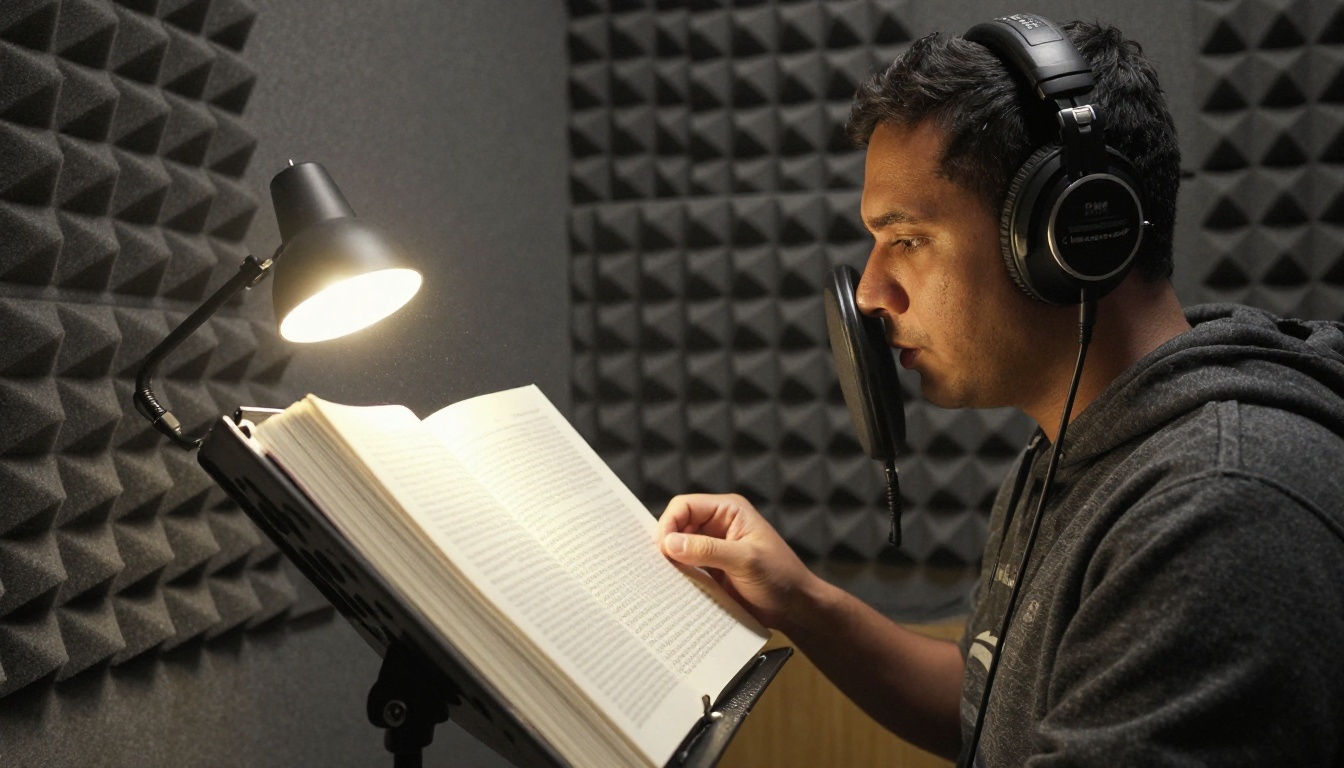 A narrator reading from a thick paperback inside a padded vocal booth