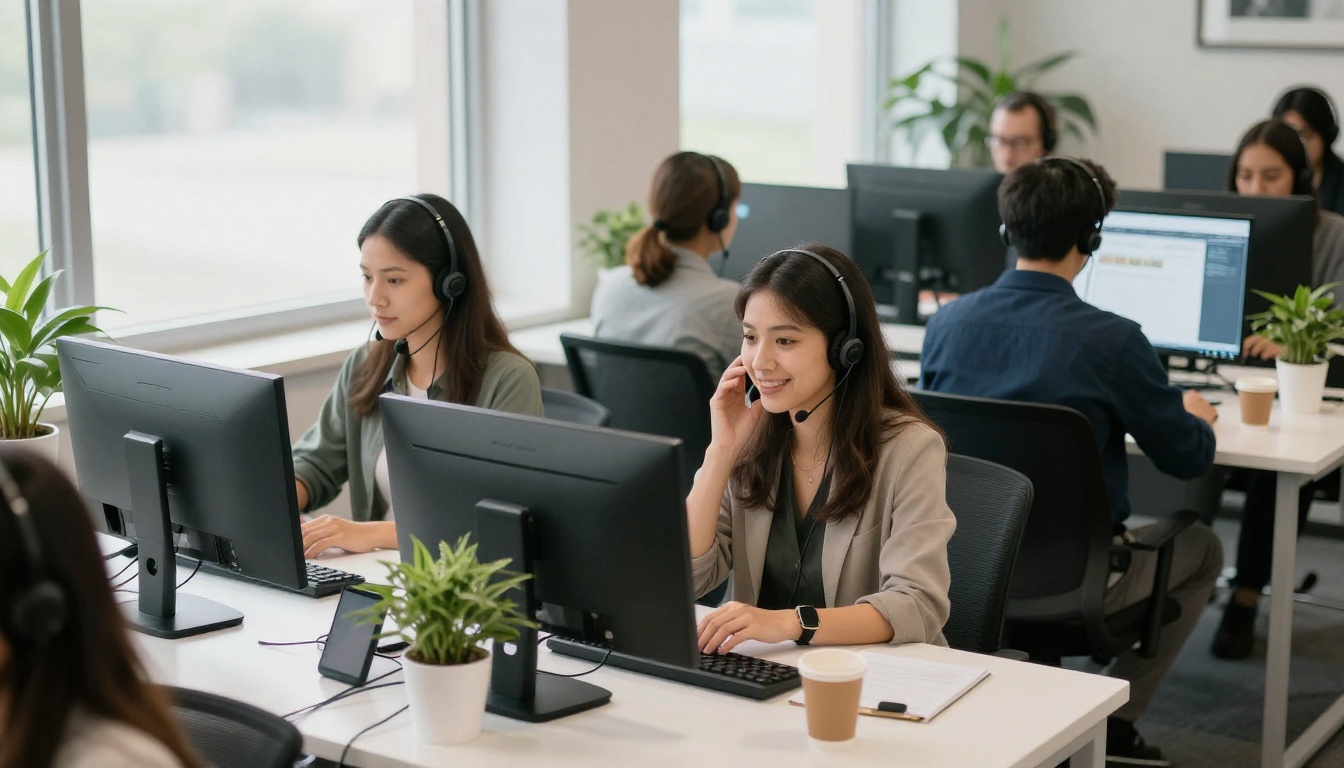 A bright customer support floor with agents wearing headsets at white desks