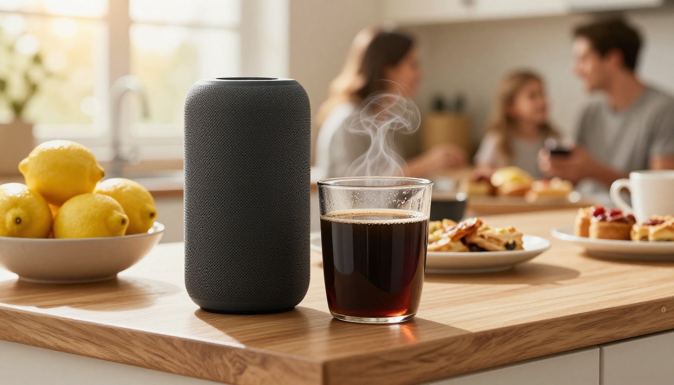 A matte charcoal smart speaker on a kitchen counter beside lemons and a steaming cup of coffee