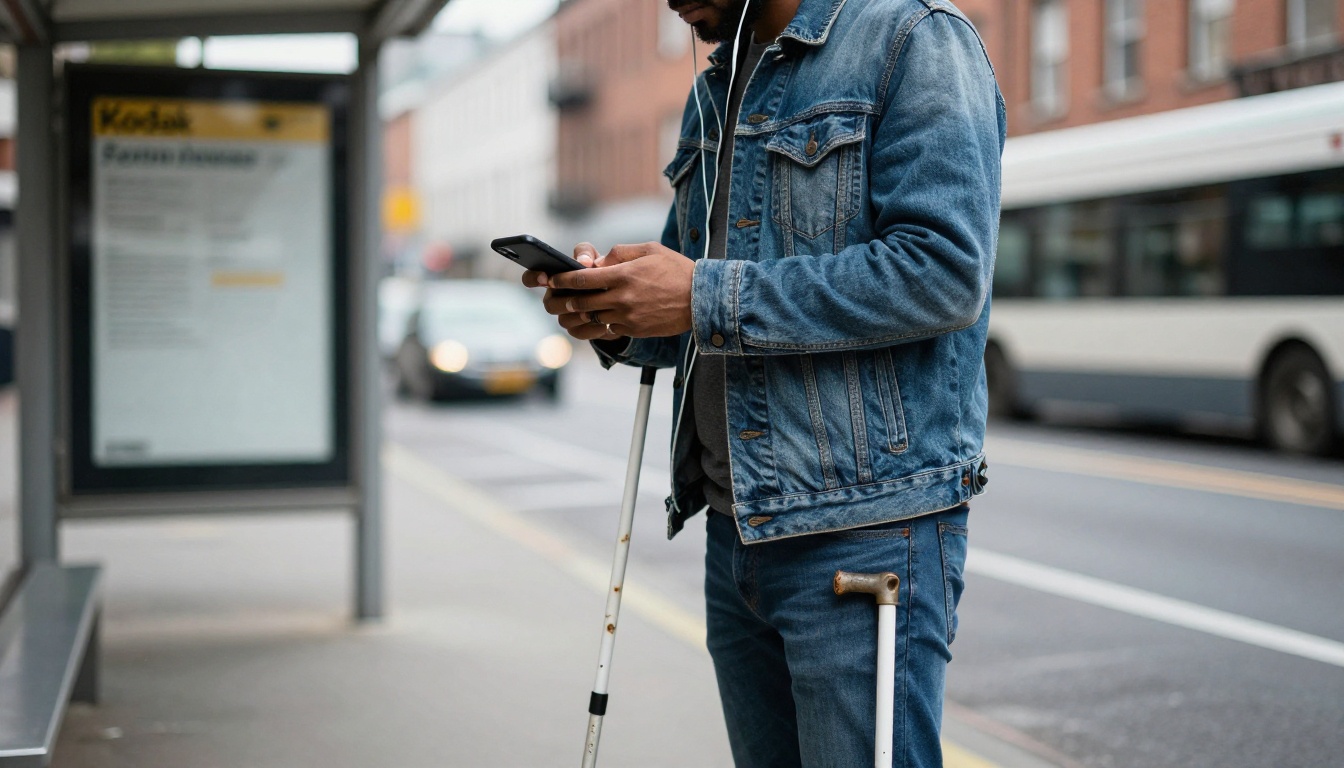 A man with a white cane at a bus stop listening to his smartphone through earbuds