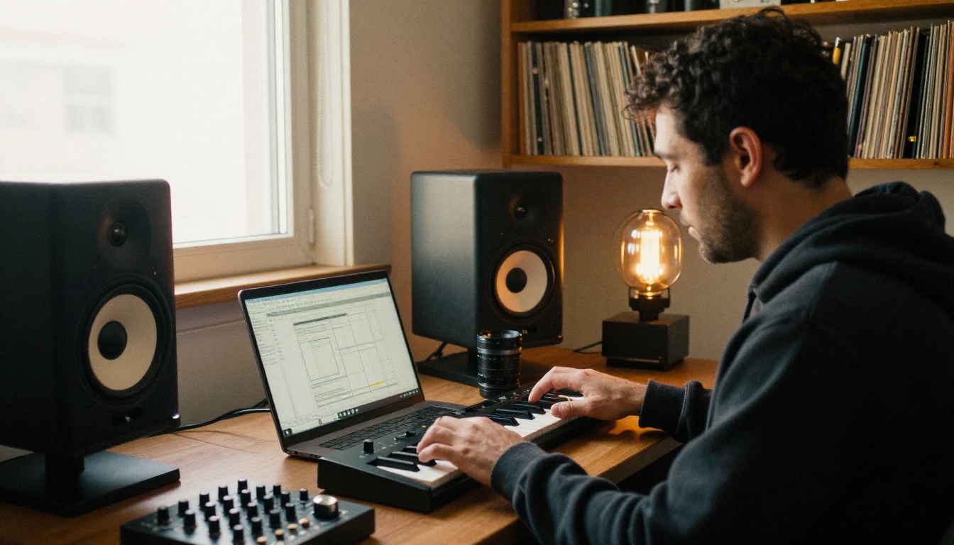 A music producer at a desk between studio monitors with a compact MIDI controller