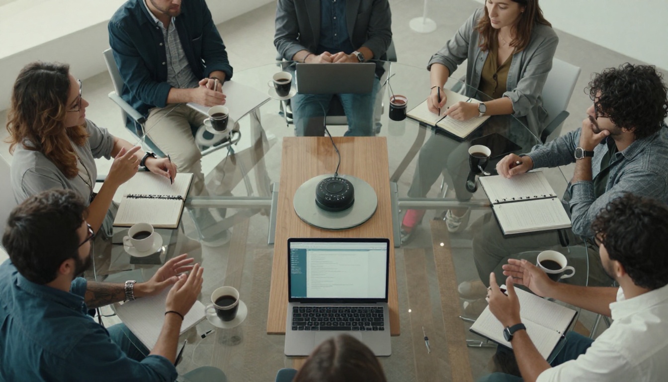 Aerial view of colleagues around a glass conference table with a small voice recorder in the center