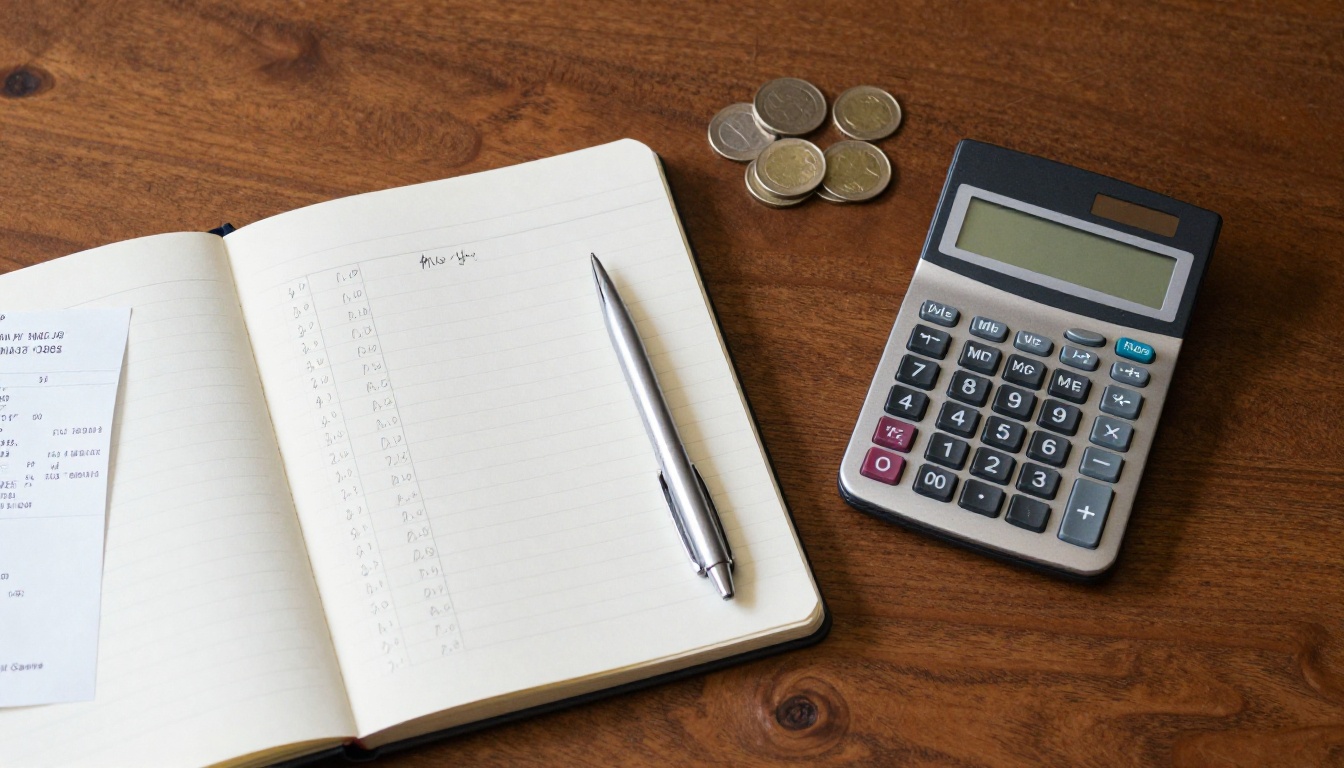 Overhead view of a calculator, notebook with handwritten figures and receipts on a walnut desk