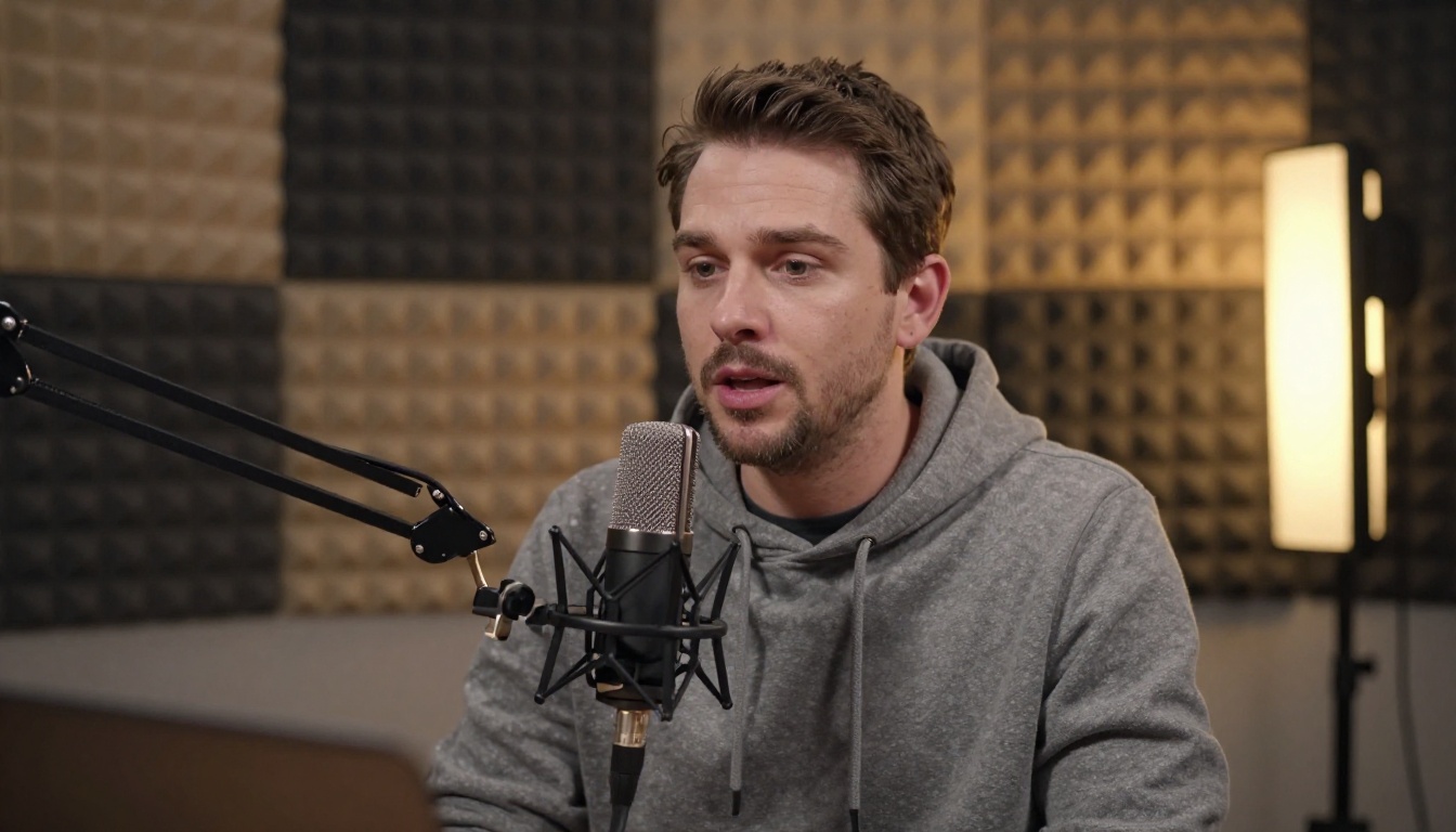 Low-angle view of a podcaster speaking into a microphone in a studio with acoustic panels