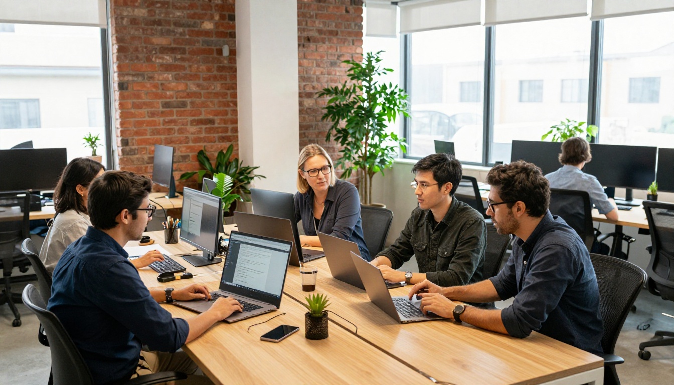 High-angle view of four developers working around a shared table in a bright startup office