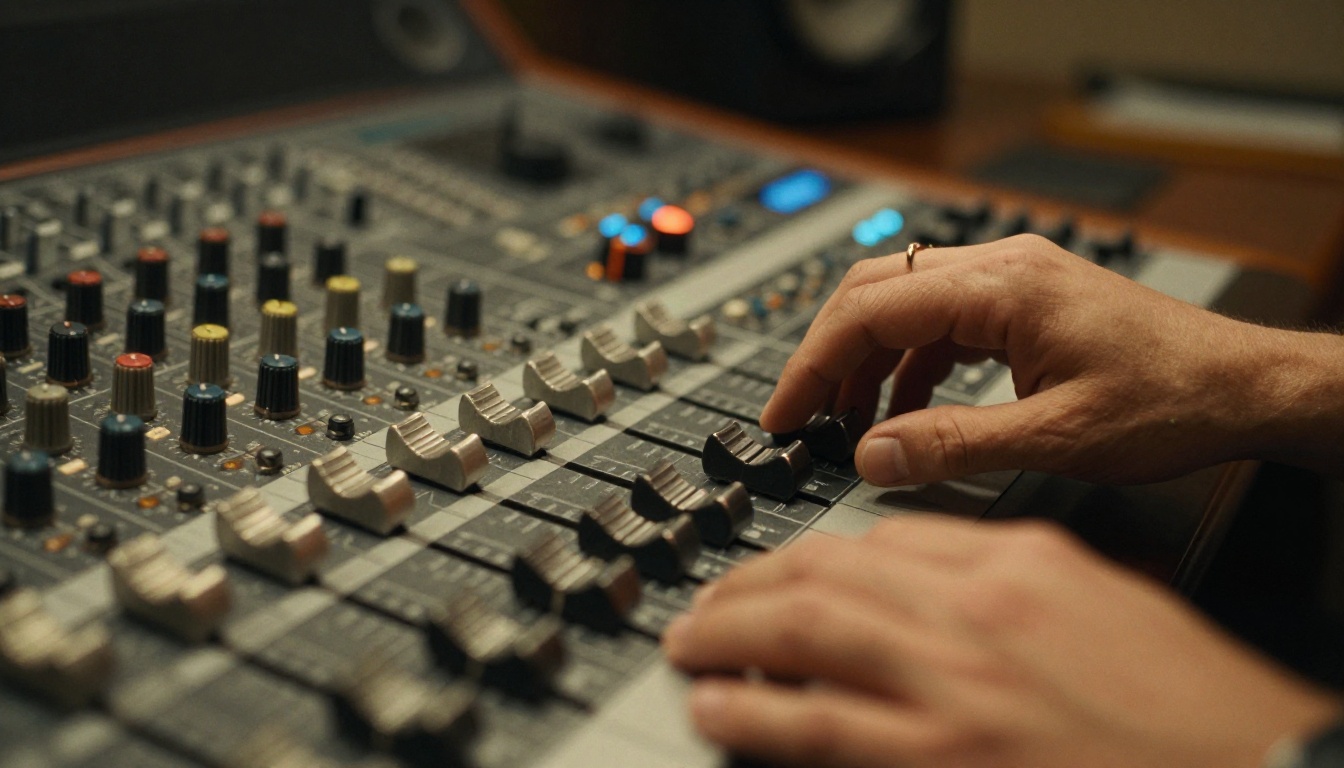 Hands resting on the faders of an analog mixing console in a dim control room
