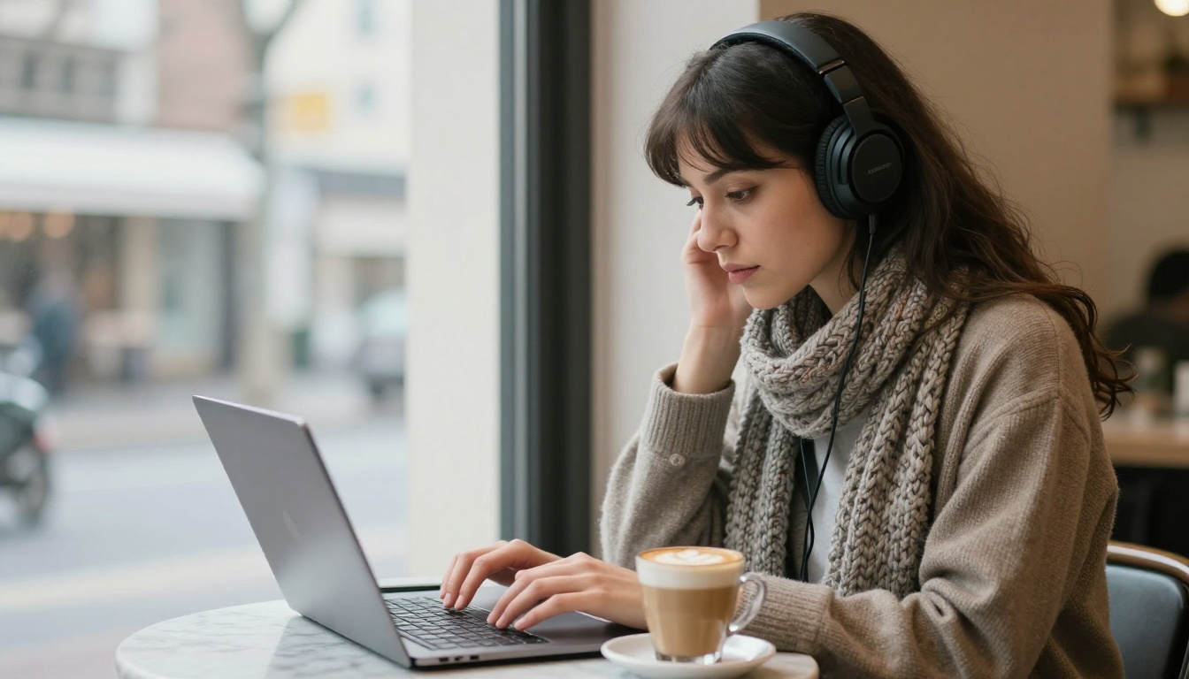 Young woman in headphones listening and typing notes on a laptop at a café table