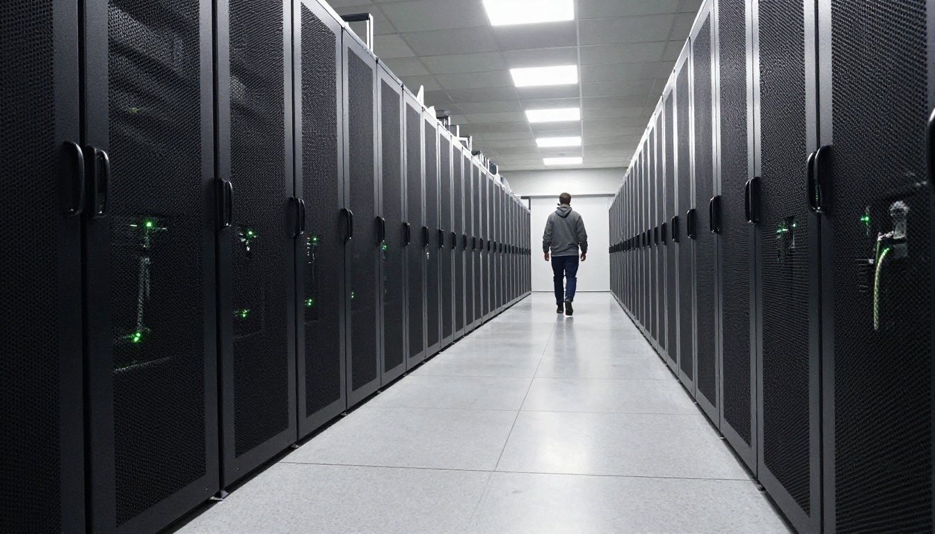 Wide view down an aisle of black server racks in a data center