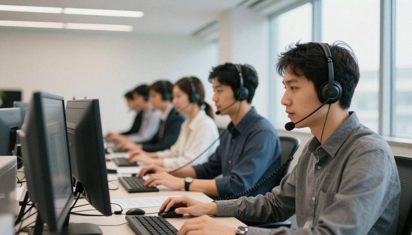 Row of customer support agents wearing headsets and taking calls in a bright office
