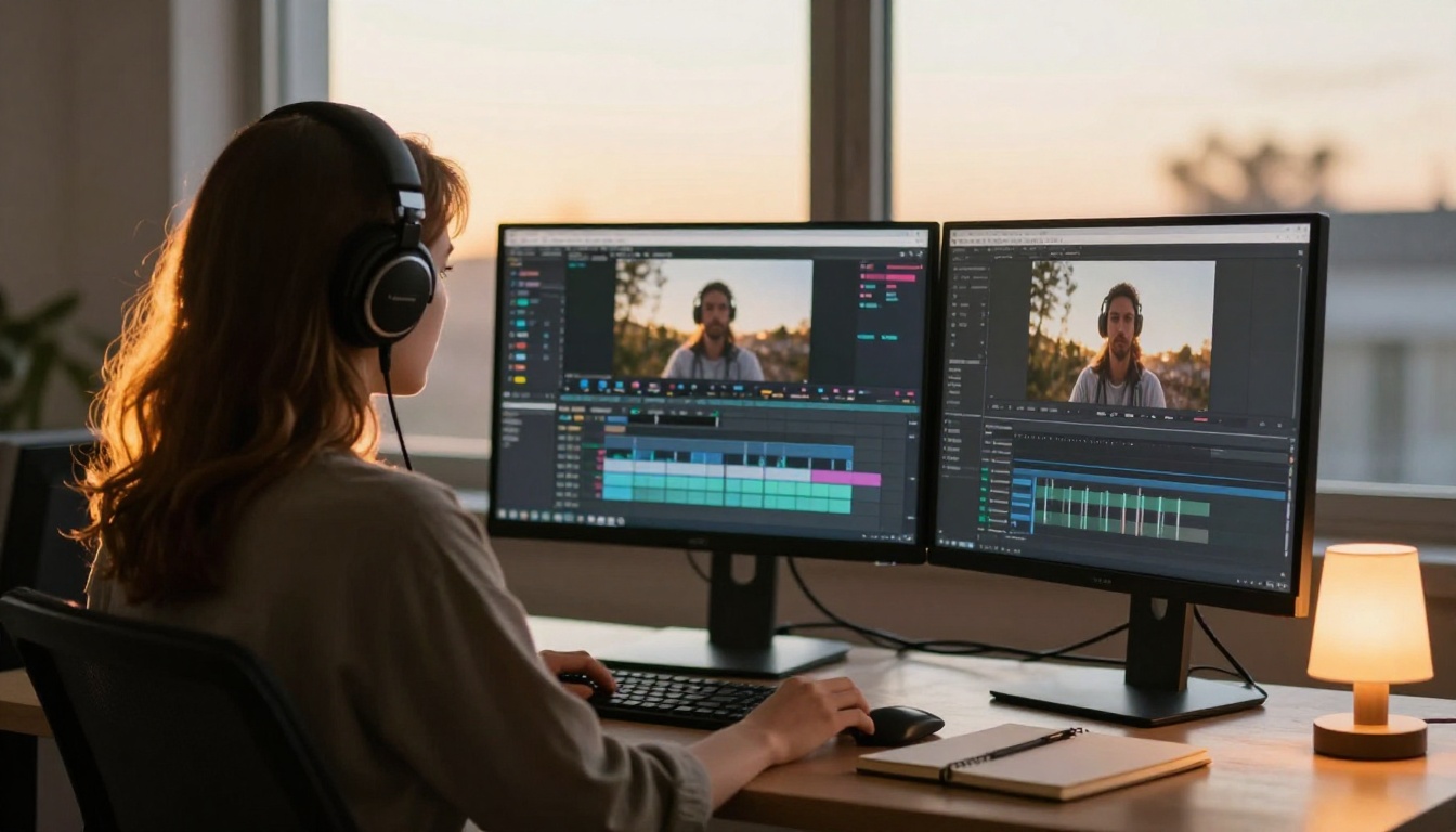 Video editor wearing headphones at a dual-monitor desk in golden evening light