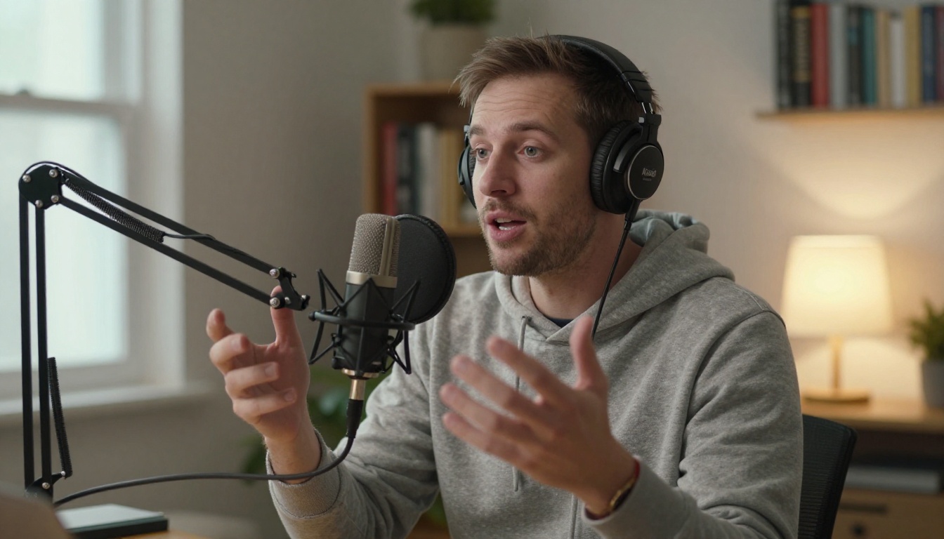 A podcast host in a gray hoodie speaking into a boom arm microphone in a warm home studio