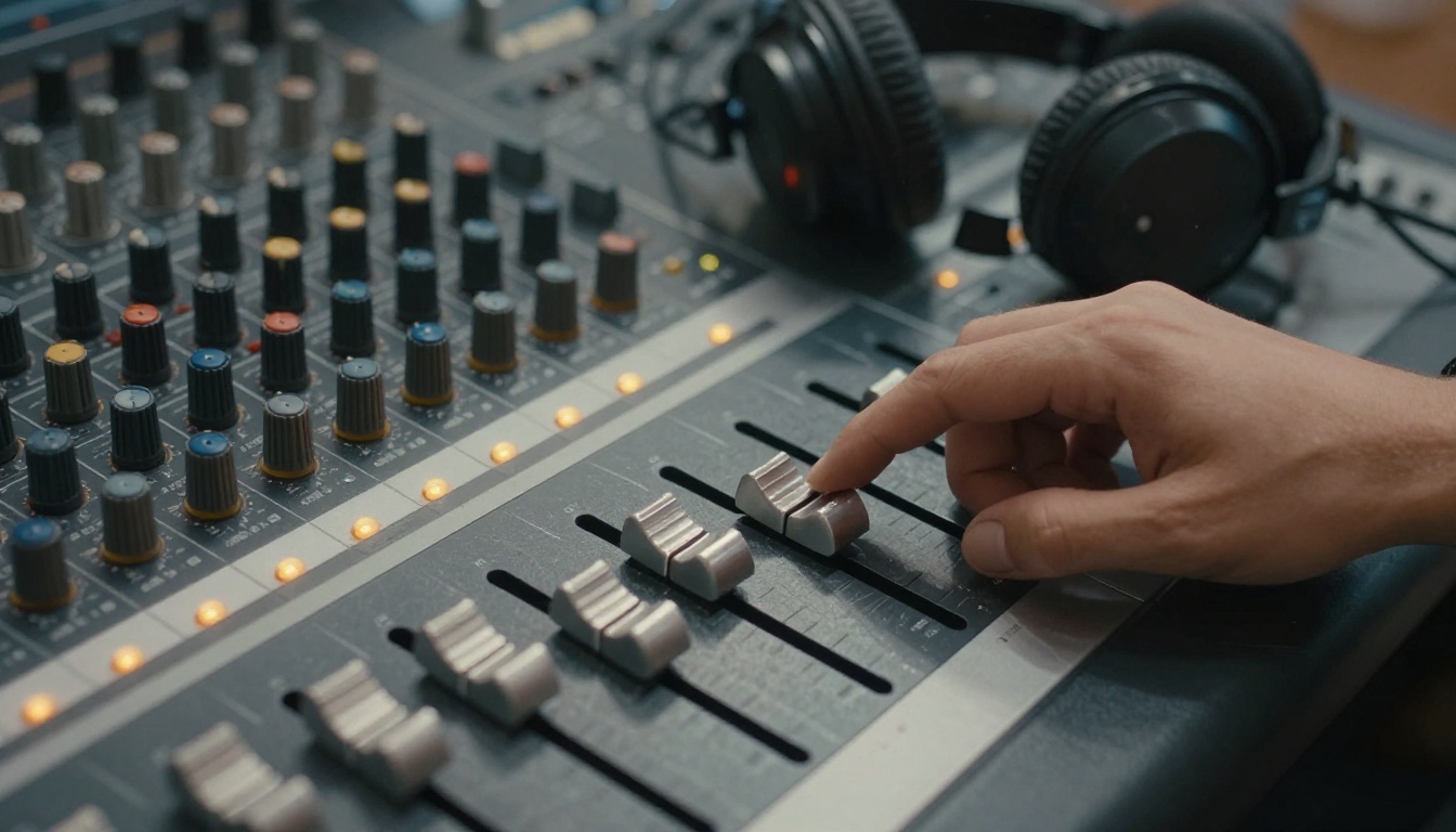 Overhead close-up of a sound engineer's hands on a mixing console with brushed aluminum faders